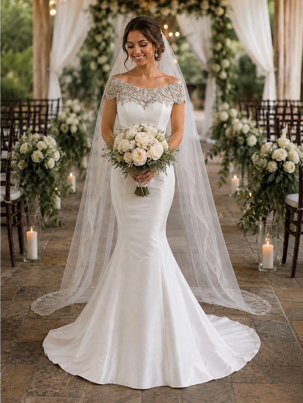 SIGNATURE JUSTIN ALEXANDER Off White Silk Rhinestone Trumpet Wedding Dress 10